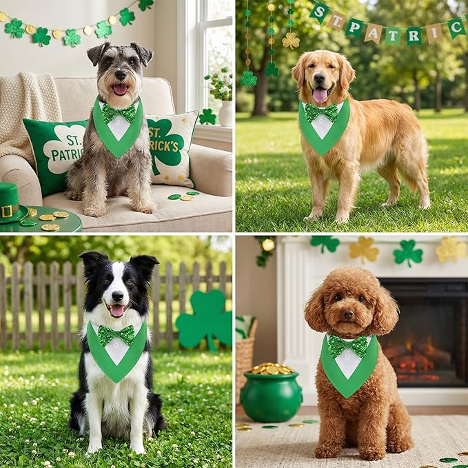 ADOGGYGO St.Patrick's Day Dog Tuxedo Bandana, Green Pet Tux Collar with Bowtie Adjustable St Patricks Costume for Large and Extra Large Dogs Pets (XL)