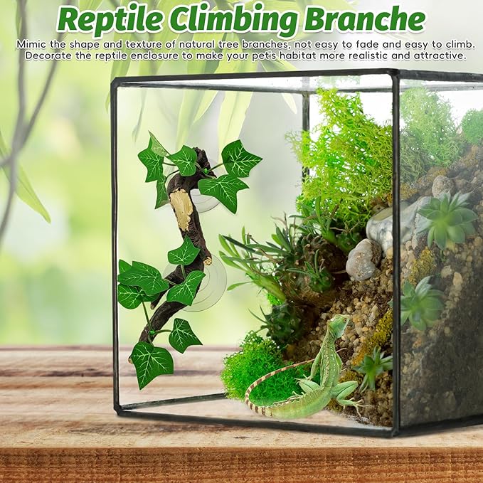 PINVNBY 2 PCS Reptile Corner Branch Terrarium Plant Decoration with Suction Cup Resin Plant for Amphibian Lizard Snake Climbing
