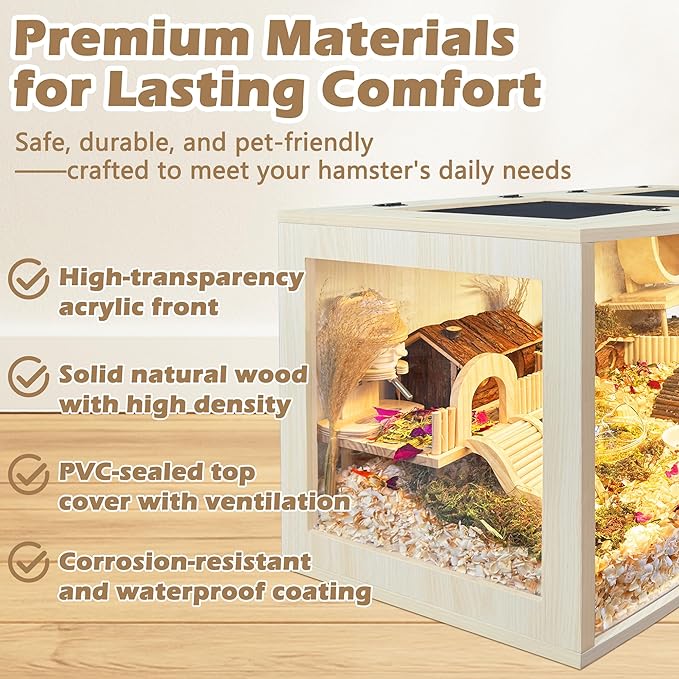 Prolee Hamster Cage Chew Proof Wood, Hamster Enclosure Openable Top with Curved Design,Waterproof Small Animals Cage with Acrylic Sheets for Gerbils,Hamsters Habitat (48"x20"x20")