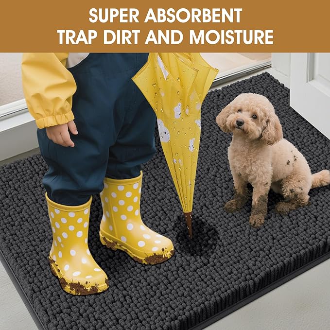 IM HOME 2 Pieces Muddy Door Mats for Dogs, Chenille Absorbent Pet Mats, Quick Dry, Trap Dirt Non Slip Heavy Indoor Doormat Soft Dog Bed Mat Front Inside Door Mat for Indoor Outdoor Entrance,Dark Grey
