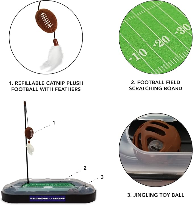 Pets First NFL BALTIMORE RAVENS FOOTBALL FIELD CAT SCRATCHER TOY with CATNIP Filled Plush FOOTBALL Toy & Feather Cat Toy hanging, with Jingle Bell INTERACTIVE BALL Cat Chasing 5-in-1 KITTY Toy