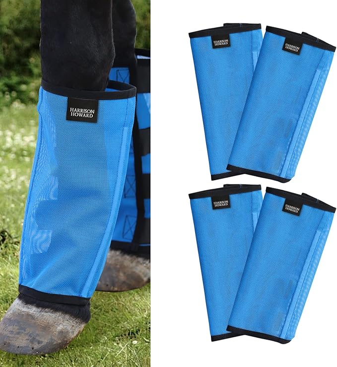 Harrison Howard Loose Fitting Fly Boots UV-Protective Extra Tough Mesh Ventilated Four Fasteners Stay-on Design Protect Horse Legs & Stomp-Reducing Set of 4 Sky Blue Medium