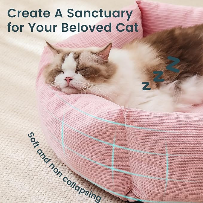Cat Bed, Washable Orthopedic Cat Beds for Indoor Cats, Soft Donut Calming Pet Bed for Puppy and Kitten with Anti Slip Bottom, Small Dog Bed, 21.7x21.7x5.9 in, Pink