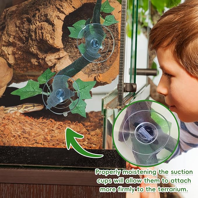 PINVNBY 2 PCS Reptile Corner Branch Terrarium Plant Decoration with Suction Cup Resin Plant for Amphibian Lizard Snake Climbing