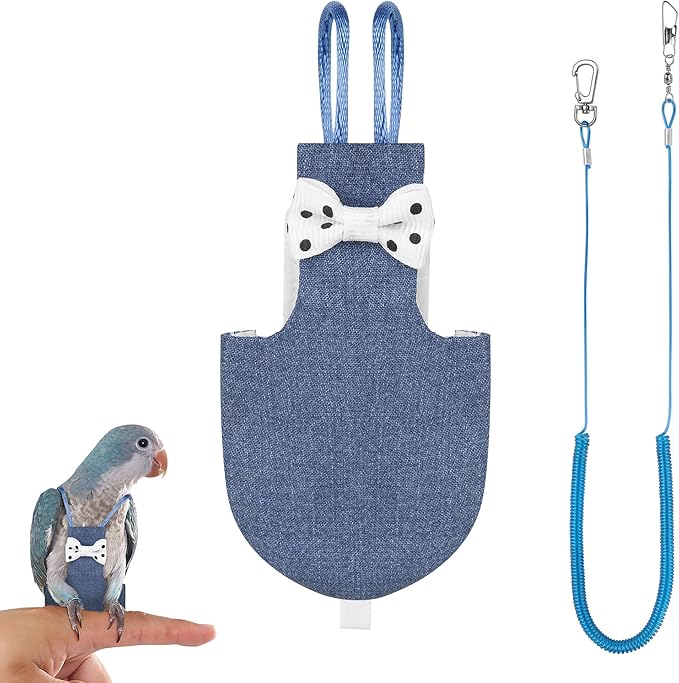 Parrot Clothes, Parrot Diaper Bird Flight Suit, Bird Diaper Harness, Adjustable Parrot Diaper, Washable Bird Diaperk, Bird Parrot Diaper with Elastic Training Rope (1PCS Denim Blue)