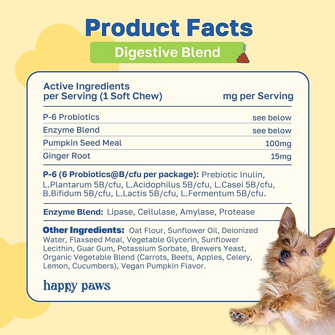 Happy Paws Digestive Supplement for Dogs, Supports Gut Health for Dogs of All Breeds & Ages, Made with Probiotics, Enzyme Blend & Ginger Root, Pumpkin Flavor, Organic, Non GMO, 200 Soft Chews