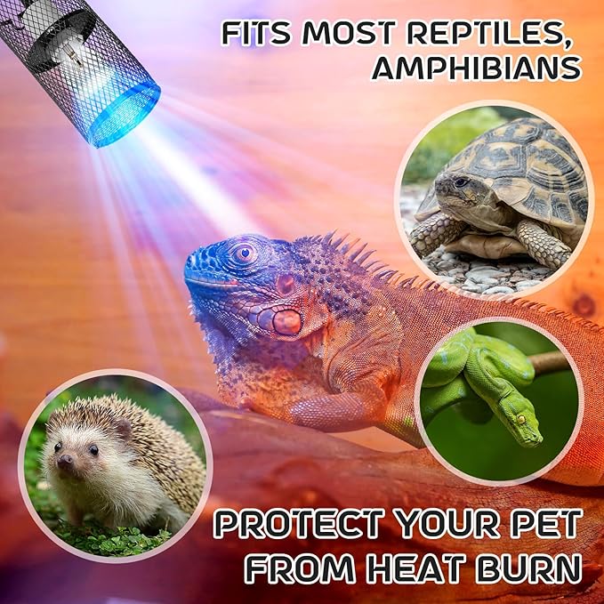 VIHOSE 4 Pcs Reptile Heat Lamp Guard with 150W Ceramic Heat Emitter Basking Anti Scald Heating Lamp Holder Mesh Cage Reptile Protection Lampshades for Lizard Snake Chick, Bulb Not Included
