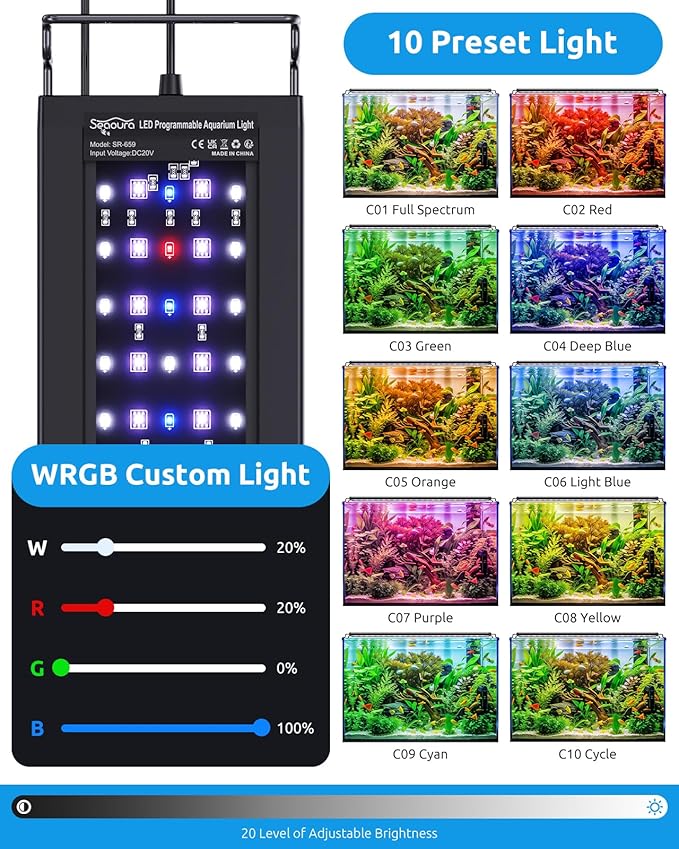 SEAOURA LED Aquarium Light, 12-18in Full Spectrum Lights for Fish Tank with Thermometer, 24/7 Programmable with Power Off Memory, WRGB Custom, 20 Level Brightness for Freshwater Aquariums