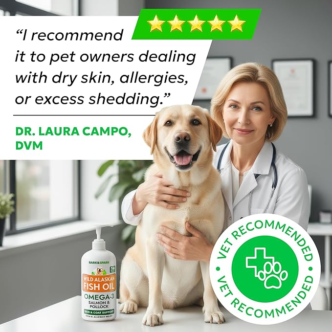 BARK&SPARK Omega 3 Fish Oil for Dogs - w/Wild Alaskan Salmon Oil for Dogs, Fish Oil Liquid Supplement for Pets, EPA+DHA Fatty Acids, Skin&Coat Support - Itch&Allergy Relief, Joint, Immune&Heart Health