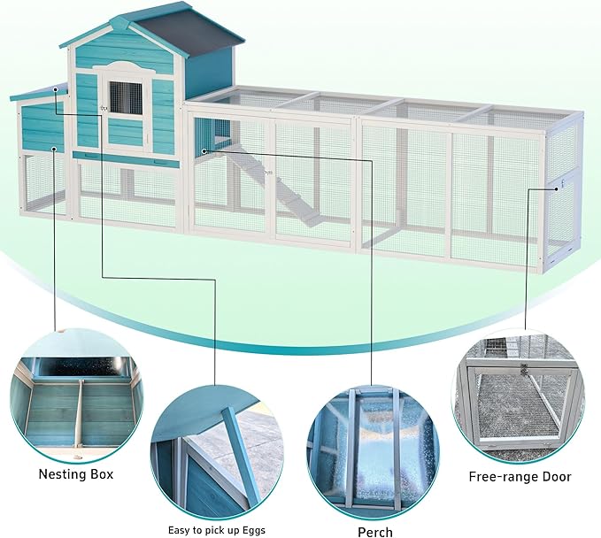 Wooden Chicken Coop with Nesting Box and Free-Range Door – Outdoor Hen House for 3–4 Chickens, All-Weather Asphalt Roof, Secure Locks & Easy-Clean Sliding Tray Blue