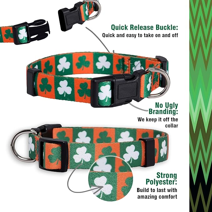 Native Pup St Patricks Dog Collar- Saint Patrick Green Shamrock Pet Collars- St. Patrick’s Lucky Irish- Adjustable for Small, Medium, Large Breeds (Green & Orange Shamrock, Medium)