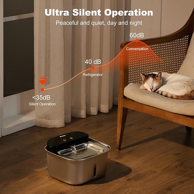Wireless Cat Water Fountain Stainless Steel, 128oz/3.78L Cordless Automatic Water Dispenser for Cats and Dogs, Battery Operated Drinking Fountain for Pets with Motion Sensor, Ultra Quiet Pump