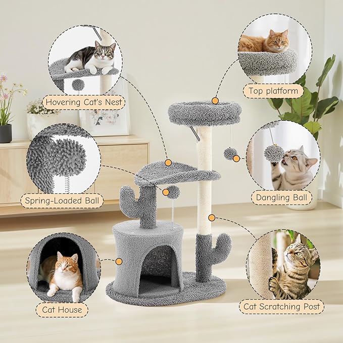 33 Inch Small Cat Tree Tower, Cat Tree with Curved Bed, Cat Tower with Scratching Post and Cozy Condo for Indoor Kittens and Cats, Grey
