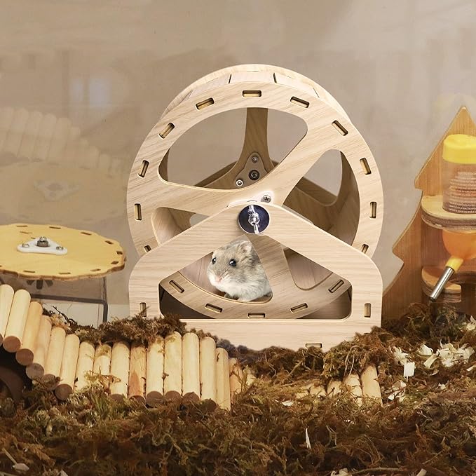 Hamiledyi Wooden Hamster Wheel, Small Pets Exercise Wheel, Silent Running Wheel for Gerbil, Mice, Dwarf Syrian Hamster (8.26in)