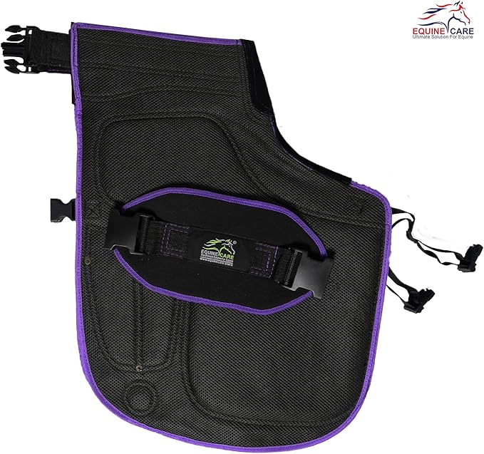 Equine Care Women’s Farrier Apron Chaps 23″ – Leather & Canvas, Adjustable 28–52″ Waist, EVA Padded Knees, Lumbar Support, 4 Knife Pockets & Nail Magnets for Hoof Trimming (Black with Purple Piping)