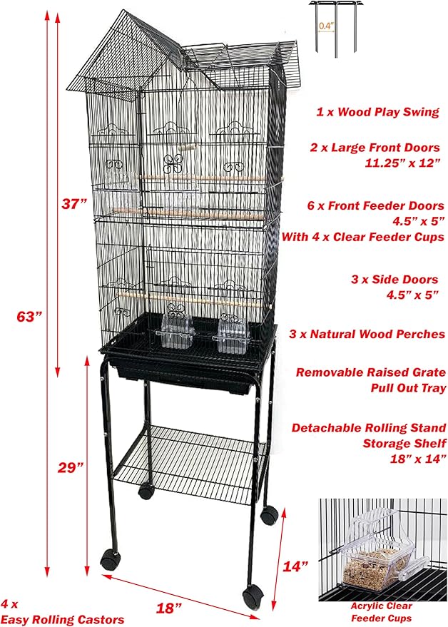 63" Roof Top Canary Parakeet Cockatiel Lovebird Finch Roof Top Bird Parrot Home Cage Side Nesting Box Doors with Removable Rolling Stand