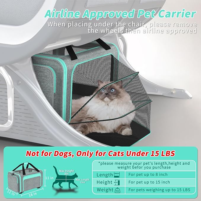 Pet Carrier with Detachable Wheels, TSA Airline Approved Rolling Cat Carrier for Small Dogs and Cats up to 15Lbs, Sturdy Frame & Smooth 360° Wheels for Travel & Vet - 18" L x 11" W x 11"