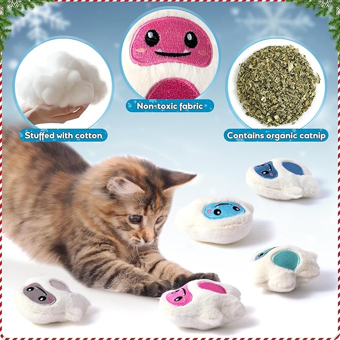 MALLMALL6 Snow Monster Catnip Toys - 5Pcs Winter Christmas Catmint Interactive Cat Toy for Indoor Kitten, Soft Plush with Cute Expression Supplies, Kitty Teething Chew Toy Set Xmas Gifts for Cat Lover