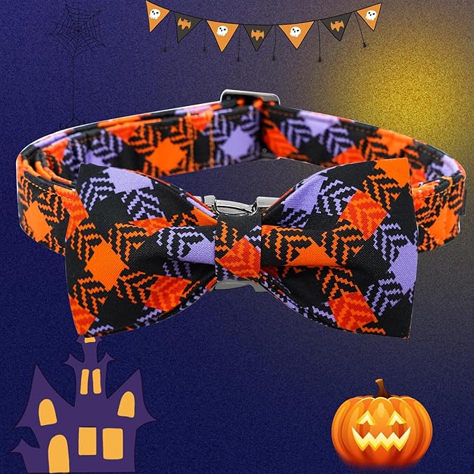 Halloween Dog Collar, Pet Collar Bow Plaid Pet Collars Girl Boy Holiday Pet Collars Gift Bow Dog Collar Cute Soft Puppy Collars for X-Large Dogs