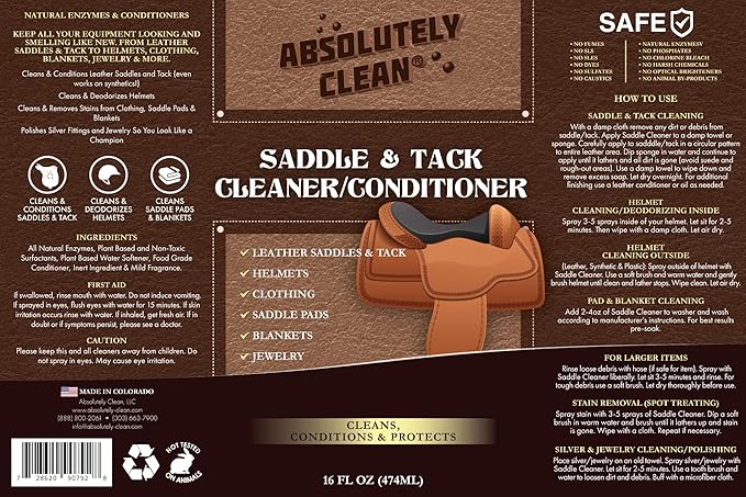 Absolutely Clean Amazing Saddle Soap Spray for Leather Cleaning & Tack Cleaner and Conditioner - Cleans Helmets, Clothing, Saddle Pads, Blankets & More - USA Made