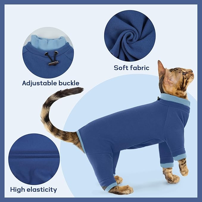 PUMYPOREITY Cat Hair Sticky Sweater, Recovery Suit - Breathable & Lightweight for Post-Surgery Protection, Cat Onsie Prevents Licking Wounds, Blue, XL