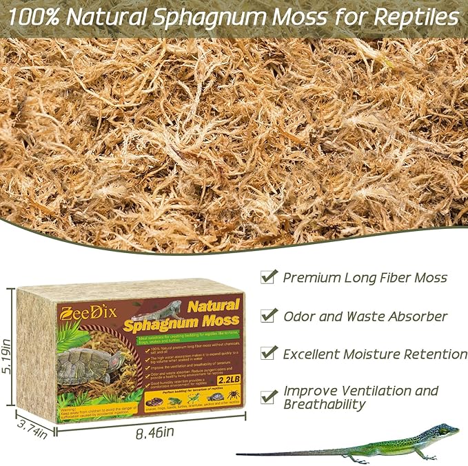 ZeeDix 2.2LBS Premium Sphagnum Moss for Reptiles, 50QT Dried Moss for Terrarium Long Fibered Leopard Gecko Moss Natural Sphagnum Peat Moss Bedding for Frogs Anoles Snake Turtle Plants