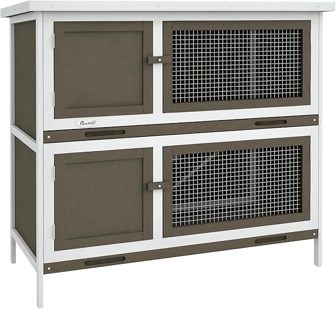 PawHut Wooden Bunny Rabbit Hutch, Small Animal Habitat with Ramp, Removable Tray & Weatherproof Roof, for Rabbits, Chickens, Ducks, Indoor/Outdoor, Brown