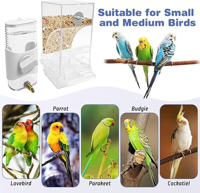 PINVNBY No Mess Bird Feeder & Water Dispenser Set Automatic Parrot Feeder Transparent Food Container Drinker Parakeet Cage Accessories for Cockatiel Budgie Lovebird Finch (White)