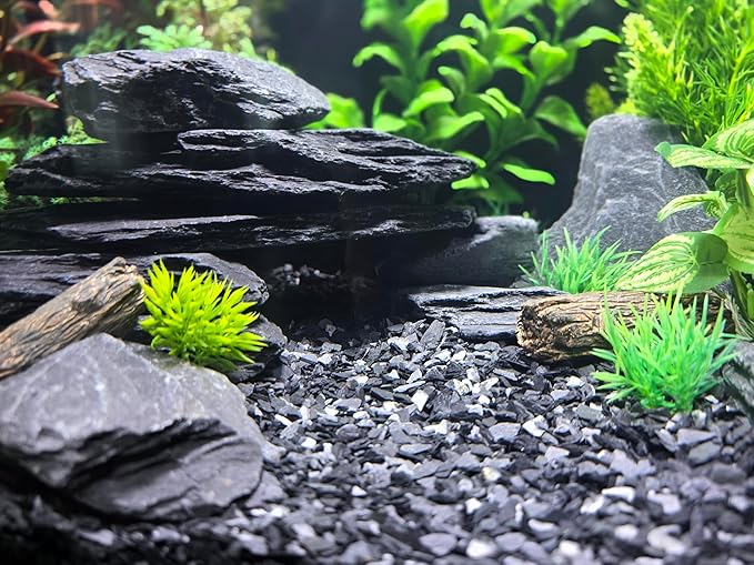 Small World Slate & Stone Aquarium Gravel - Natural Small Scale Substrate for Aquascaping Planted, Freshwater and Saltwater Tanks - Deep Grey/Black- Size 1/8"-1/4" (6 lbs)