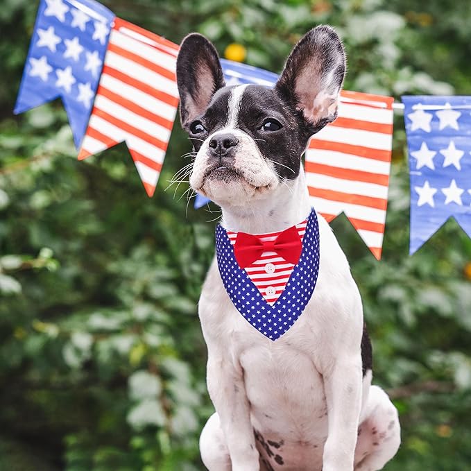 ADOGGYGO American Flag Dog Tuxedo Bandana, Red Blue Pet Tux with Bowtie Adjustable 4th of Julty Bandana Costume for Small Dogs Pets (S)