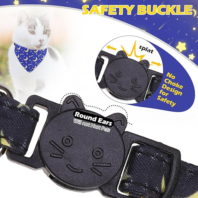EXPAWLORER Cute Cat Collar Breakaway with Bells - 2 Pack Adjustable Pet Collar with Removable Bow Tie and Bandana, Safety Buckle for Girl Boy Cats Kitten, Star-Moon