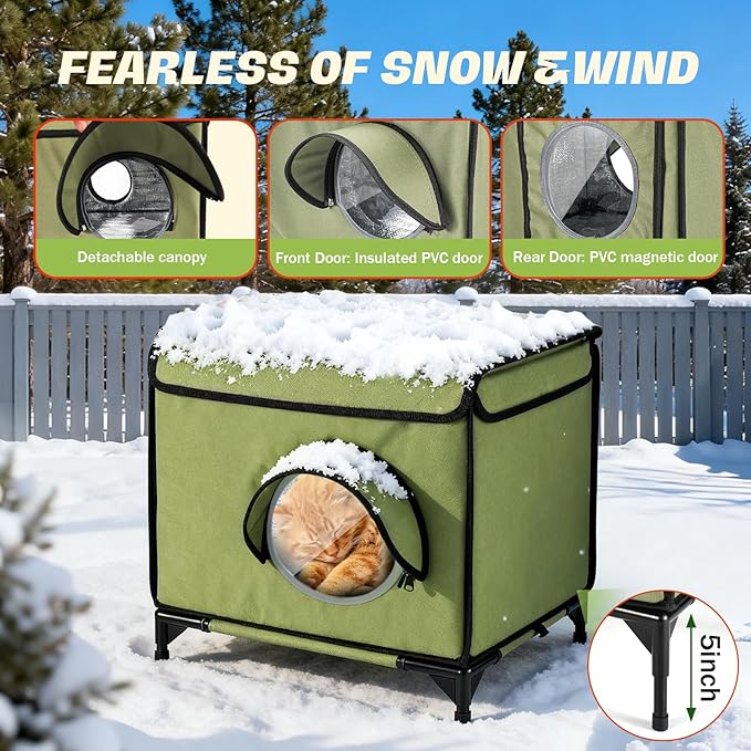 Outdoor Heated Cat House in Winter for Outside, Extremely Insulated & Weatherproof, Elevated Feral Cat Shelter with Waterproof Eaves & Escape Door for Outside Stray Barn Cat Green