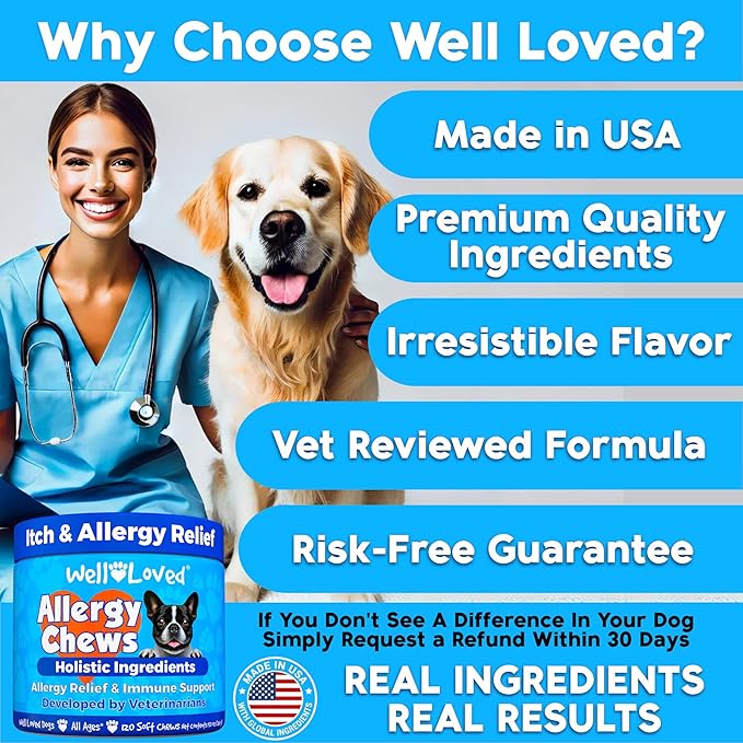 Dog Allergy Chews - Dog Allergy Relief, Itching Skin Relief, Hot Spot Treatment & Seasonal Allergies, Vet Developed, Anti Itch Skin Irritation Treatment, Made in USA, 120 Chews