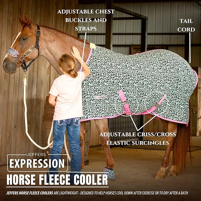 Jeffers Expression Fleece Cooler for Horses, Standard Neck, Party Cheetah 72"- Equine Towel Blanket, Moisture Absorbent, Light Weight, Best for Drying, Exercise, Bathing, Adjustable Belly Bands