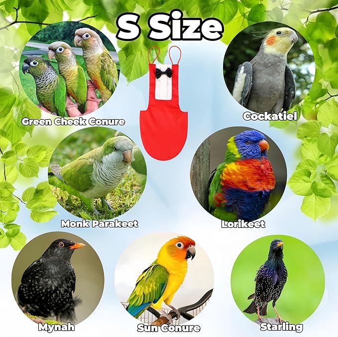 Bird Diapers with Bow Bird Harness Tuxedo Flight Suits with 80in Flying Leash Parrot Nappy with Waterproof Inner Layer Urine Wet Suite for Cockatiel Conure Parakeet Macaw Budgie-Red,S
