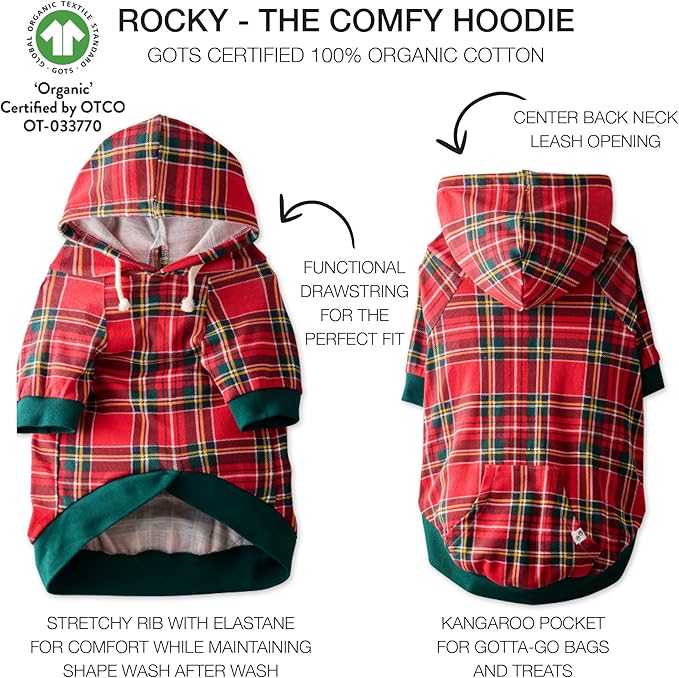 Rocky – The Orginal Lightweight Hooded TEE 100% Organic Cotton Dog Hoodie Pet Coat Sweater for Small, Medium, Large Dogs, Royal Stewart Plaid, XX-Small