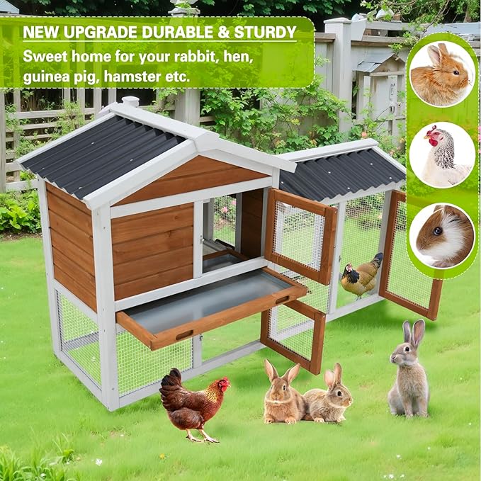 58-Inch Solid Wood Hutch/Cage for Indoor & Outdoor Use with Waterproof Roof – Suitable for Rabbits, Small Rodents & Pets, 2-Tier Design with Stairs and Removable Pull-Out Cleaning Tray（41314）