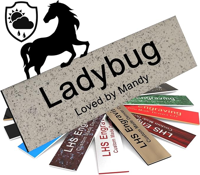 Personalized Horse Stall Name Plates, 2x8 Horse Stall Signs with Adhesive, All Weather UV Protected, Stone Granite Pattern Plastic Black Letters - Made in USA - S3