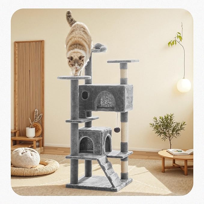 Cat Tree 54 Inch, Multi-Level Cat Tower with Condo, Perches, Sisal Scratching Posts and Climbing Ladder, Pet Play Toy Balls House for Indoor Cats, Light Grey