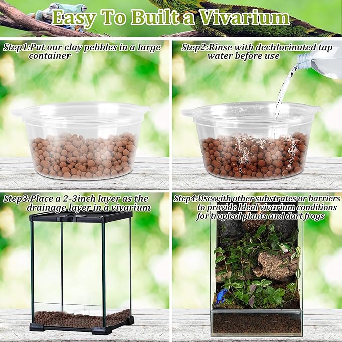 Riare 6LBS Expanded Clay Balls Terrarium Substrate for Reptiles - 100% Organic Lightweight Clay Pebbles Substrate Frogs False Bottom Substrate, Bioactive Terrarium Substrate for Drainage and Moisture