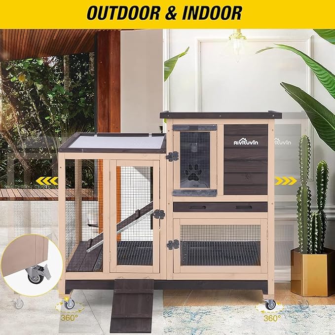 Aivituvin Rabbit Hutch Bunny Hutch Large Rabbit Cage, Indoor Bunny Cage Outdoor Rabbit House (Coffee Color)