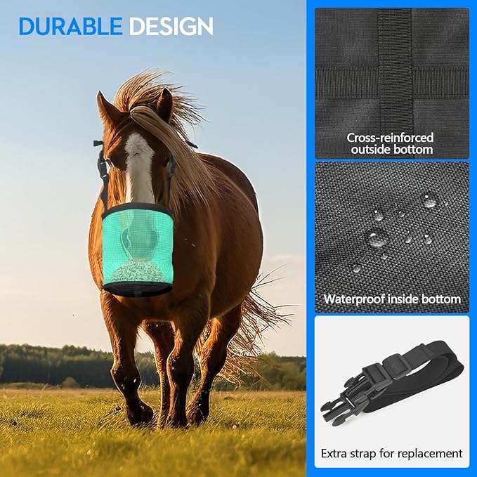 Horse Feed Bag Pack of 2, Feed Bags for Horses with Ventilation Mesh, Comfort Nose Pad Neck Pad, Adjustable Strap, Spill Proof Design for Independent Feeding Grain, Supplements (Mint)
