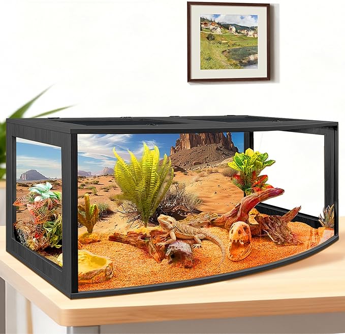 PROLEE Bearded Dragon Tank, Curved Reptile Enclosure with 3-Side Clear Acrylic Panels, Spacious Lizard Tank with Metal Mesh Top and Lockable Door for Reptile Habitat (Black, 48" Length,80 Gallons)