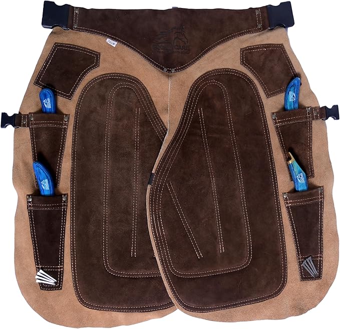 Equine Care Farrier Apron Chaps – Cowhide Suede Leather, Foam Padded Thigh and Back Support, Adjustable Waist, Tool Pockets, Magnetic Nail Holders (27 inches (70 cm))