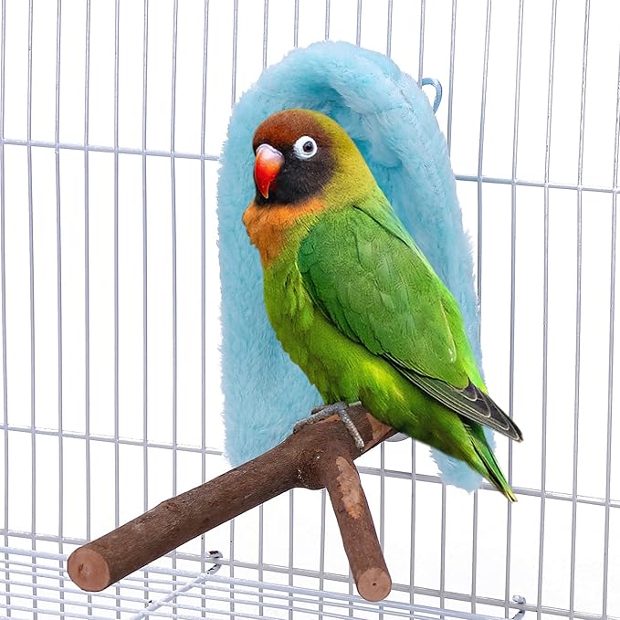 2Pcs Comfort Corner Fleece Bird Blanket Parrot Cage Snuggle Hut Warm Bird Nest House Bed Hanging Hammock Toy for Parakeet Cockatiel Pigeon Small Animals Shelter Plush Bedding(Blue/M)