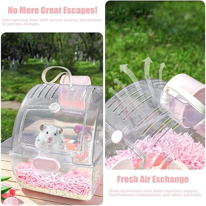 Small Portable Hamster Cages,13×8.2×10.8 Inch Hamster Carrier with Water Bottle,Dwarf Hamster Travel Cage with Storage Box,360º Transparent Acrylic Pet Travel Carrier Cage,Outdoor Animals Carry(Pink)