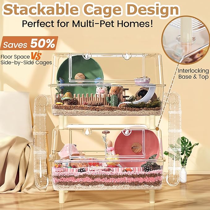 Large Hamster Cage,Crystal Clear Acrylic Hamster Cage with Stand,24.4''L*18.1''W*15.8''H Pet Mouse Cage for Pet Mice,Crystal Mouse Habitat,Hamster Enclosure with Modular Platform,Hamster Starter Kit