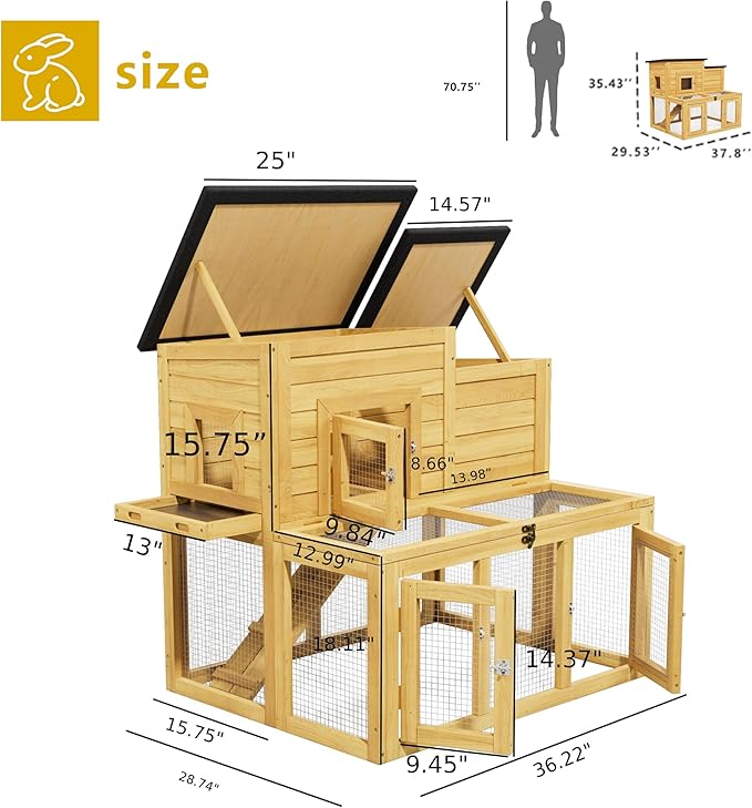 Outdoor Bunny Cage 2-Tier Rabbit Hutch & Chicken Coop with Wire Run, Wooden Poultry House with Pull-Out Tray, Waterproof Rabbit Hutch for Outside (Yellow)