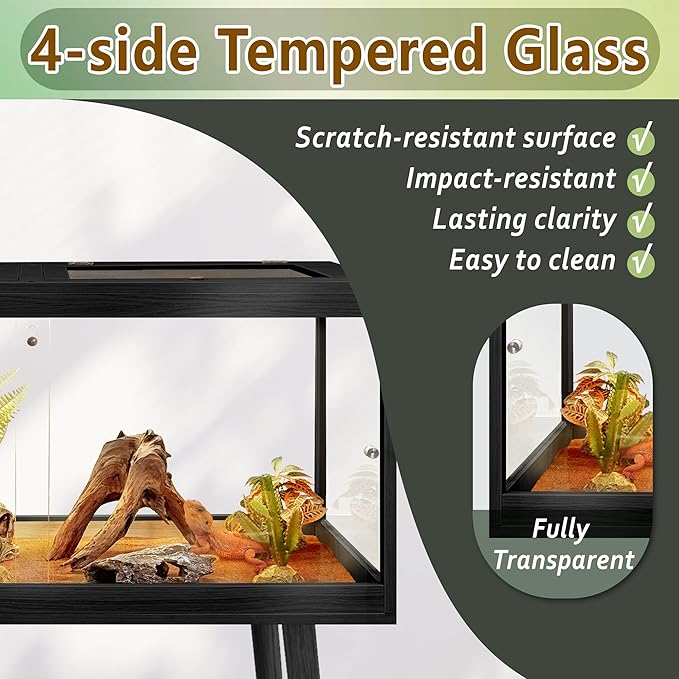Prolee Tempered Glass Reptile Enclosure with Leg,32“ Scratch-Proof Bearded Dragon Tank,32 Gallon Lizard Tank with Metal Mesh Tops and Lockable Door,Spacious Reptile Habitat for Snake,Tortoises (Black)
