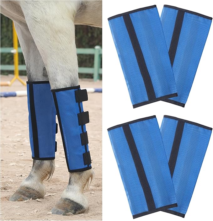 Horse Fly Boots Set of 4 - Non-Slip Leg Guards Extra Tough Mesh Ventilated, Adjustable Horse Fly Leggings Reduce Stomping & Hoof Stress & Leg Fatigue RoyalBlue Small